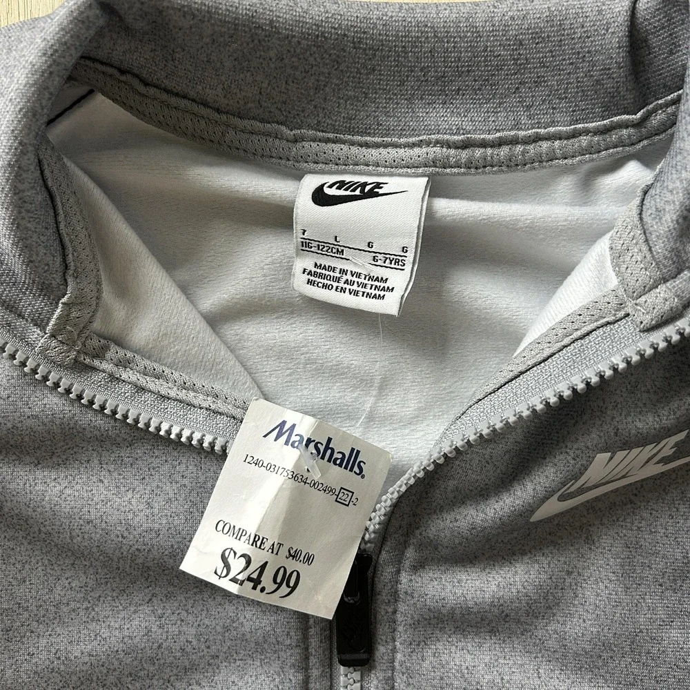 Nike Track Jacket Kids 6-7 Gray Full‎ Zip Logo Tape Knit Athletic Sport